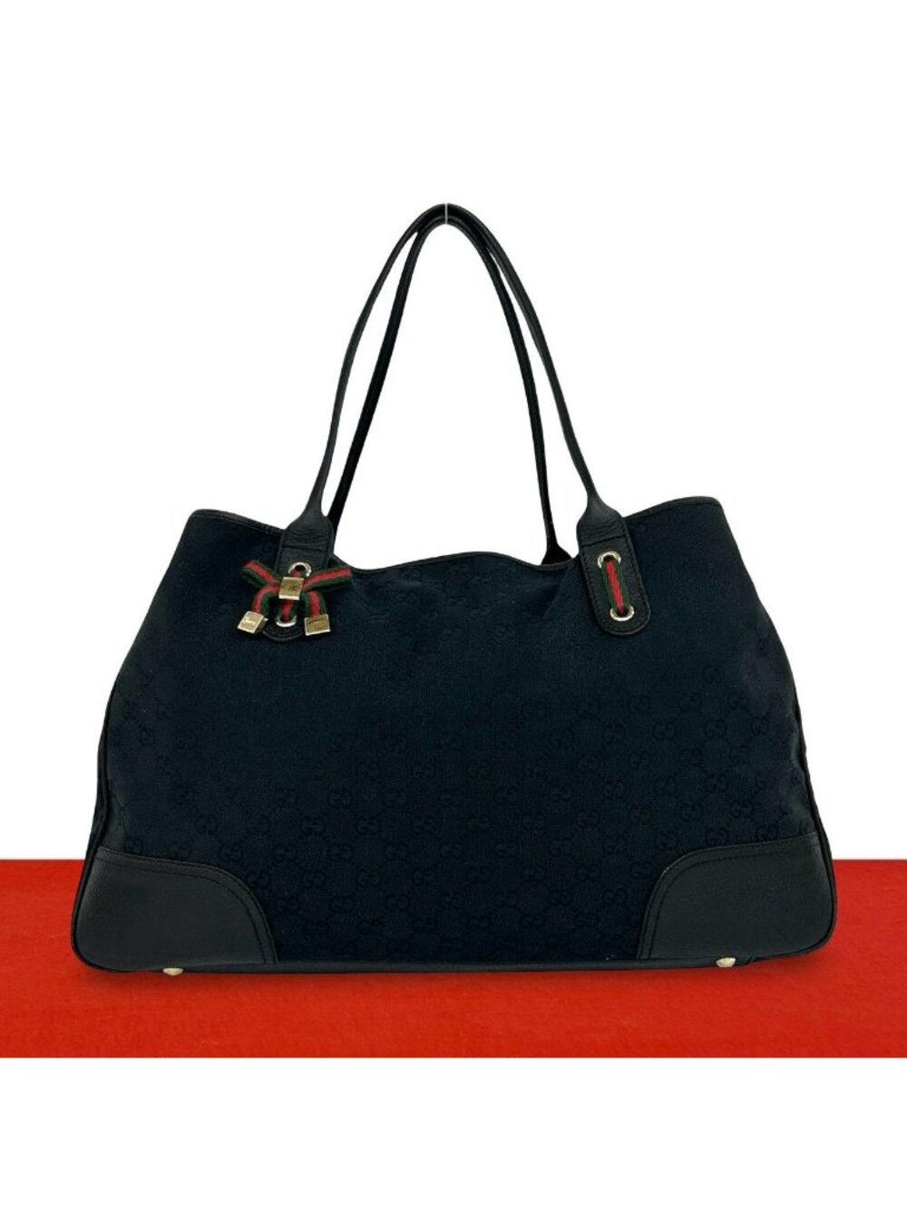 Gucci Princy Sherry Line GG Logo Pattern Canvas Leather Tote Shoulder Bag Black